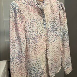 Express Portofino Floral Ruffle Blouse in Cream, Pink & Blue